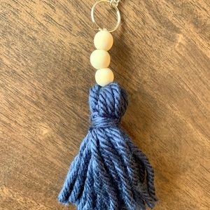 Wood bead and blue tassel keychain